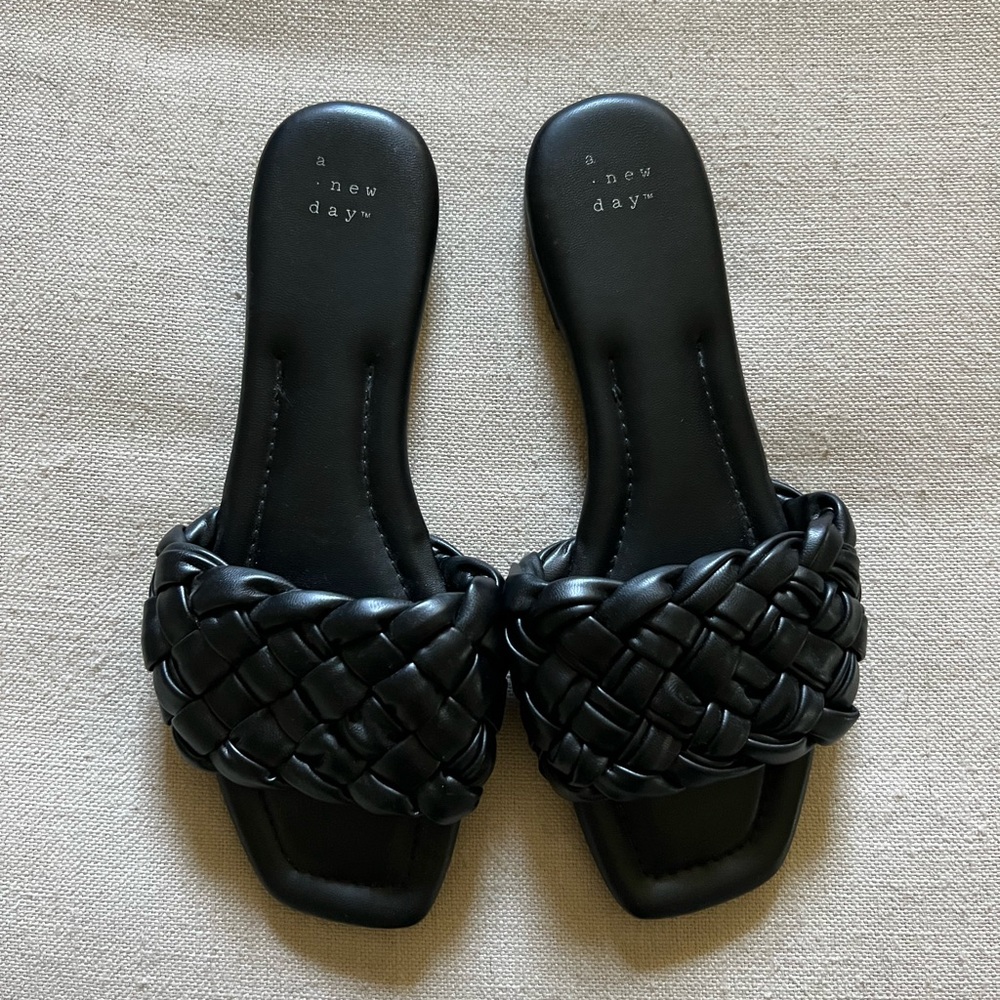 Black Woven Slide Sandals, Size 9